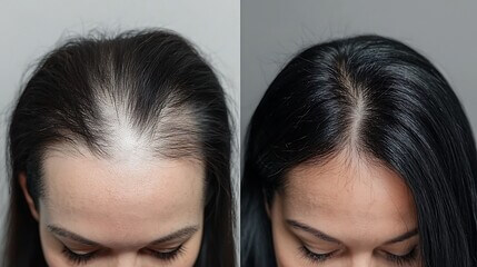 Before and after image showing a woman's scalp regaining density along her part line.