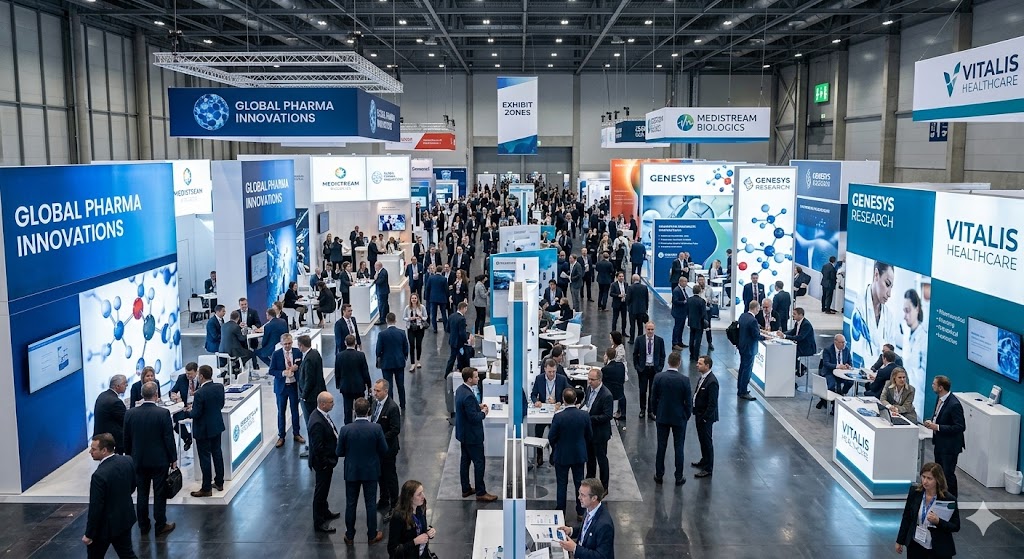 A crowded pharmaceutical industry trade show floor filled with corporate booths and displays