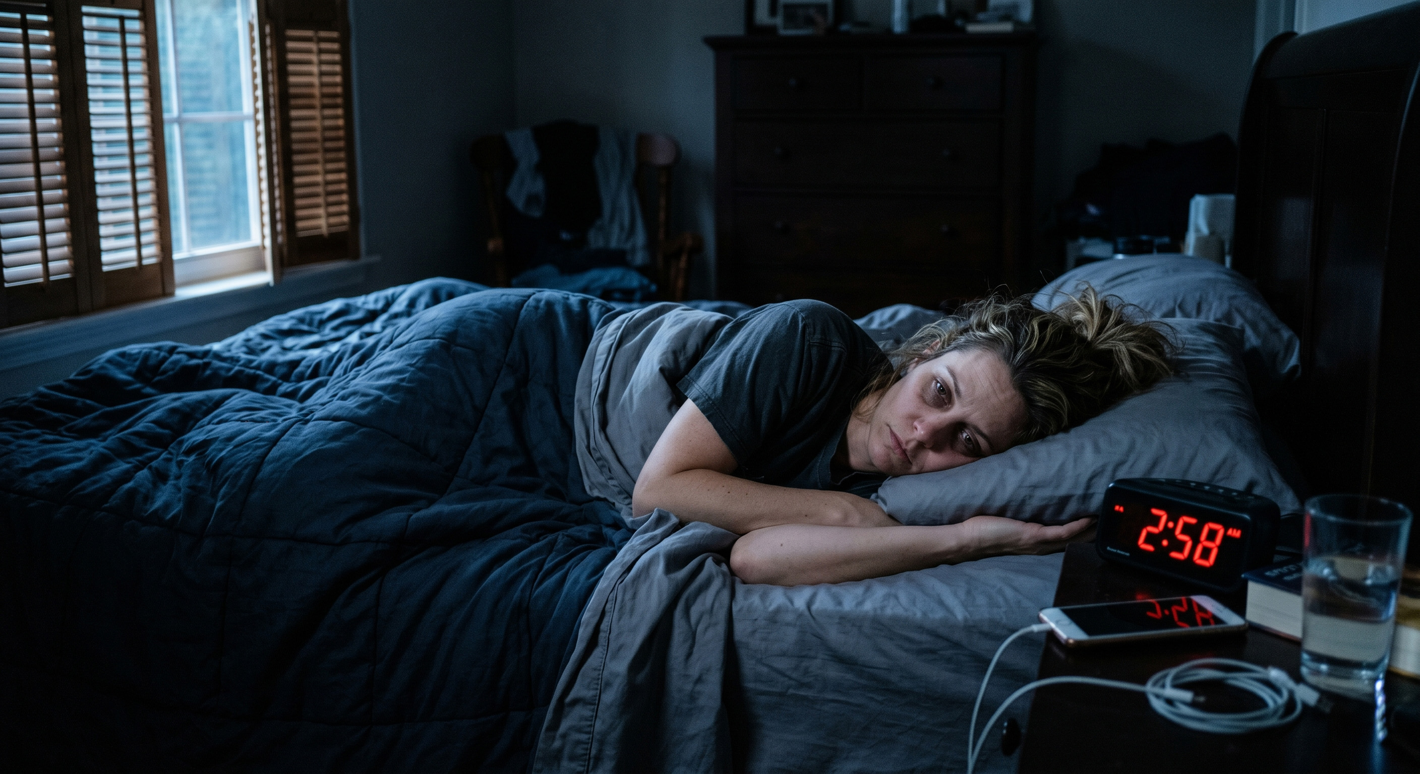 A woman lying awake in a dark bedroom, the bedside clock reading 2:58 a.m.