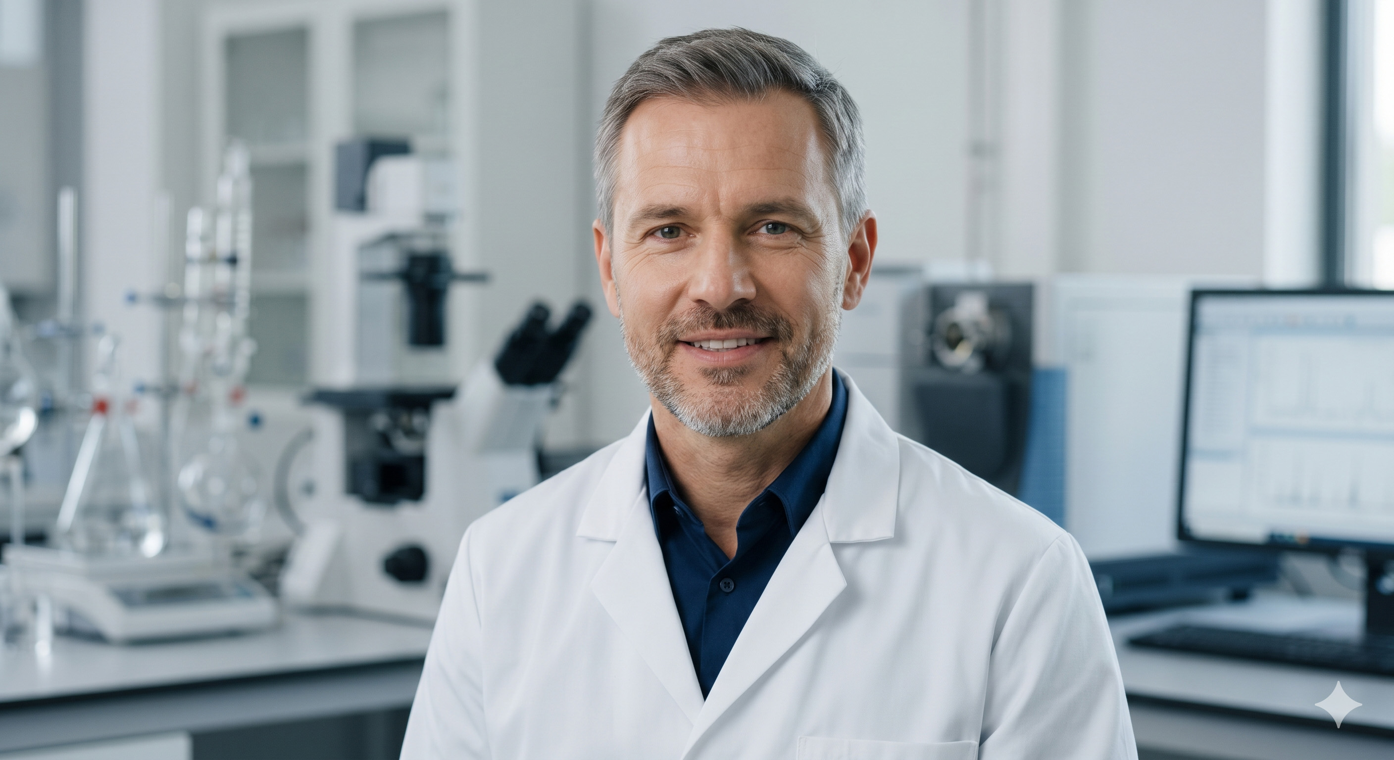 A researcher in a white coat in a bright analytical laboratory with a microscope and testing equipment