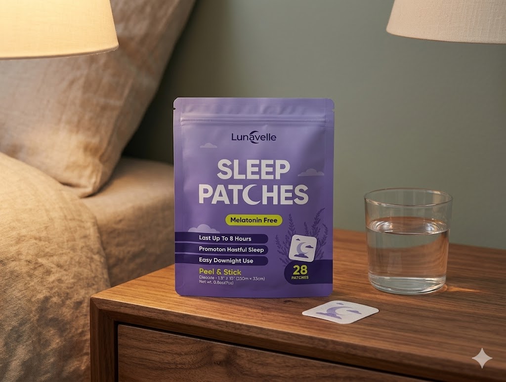 A lavender Lunavelle Sleep Patches pouch on a walnut nightstand beside a glass of water under a warm lamp