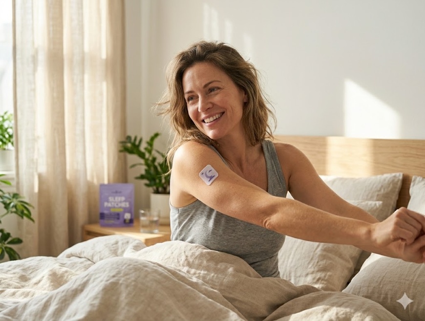 A woman waking in morning sunlight, smiling, a lavender Lunavelle patch on her upper arm