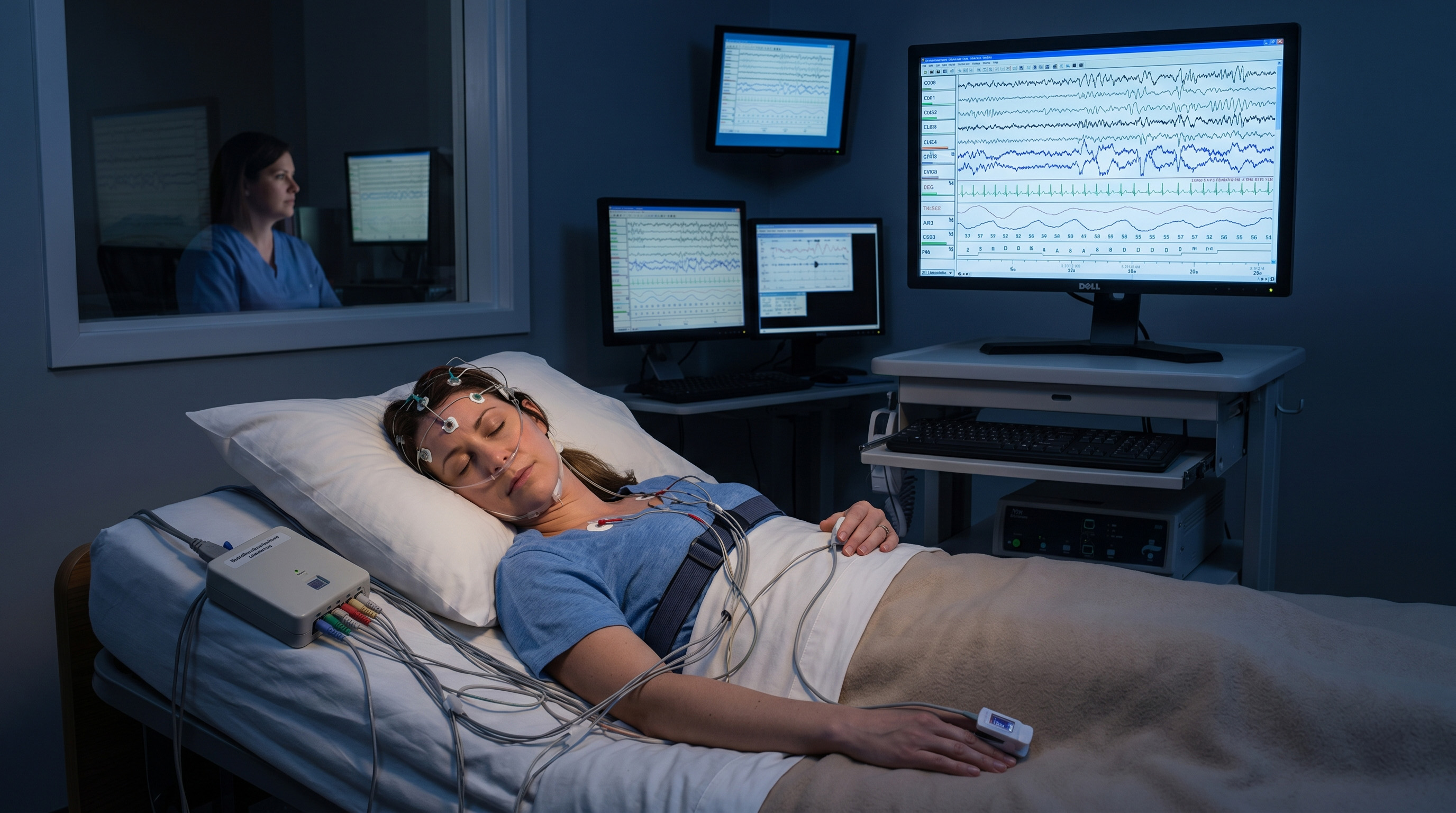 A patient sleeps in a clinical sleep laboratory wired to monitoring equipment while a technician watches EEG traces from an adjoining room
