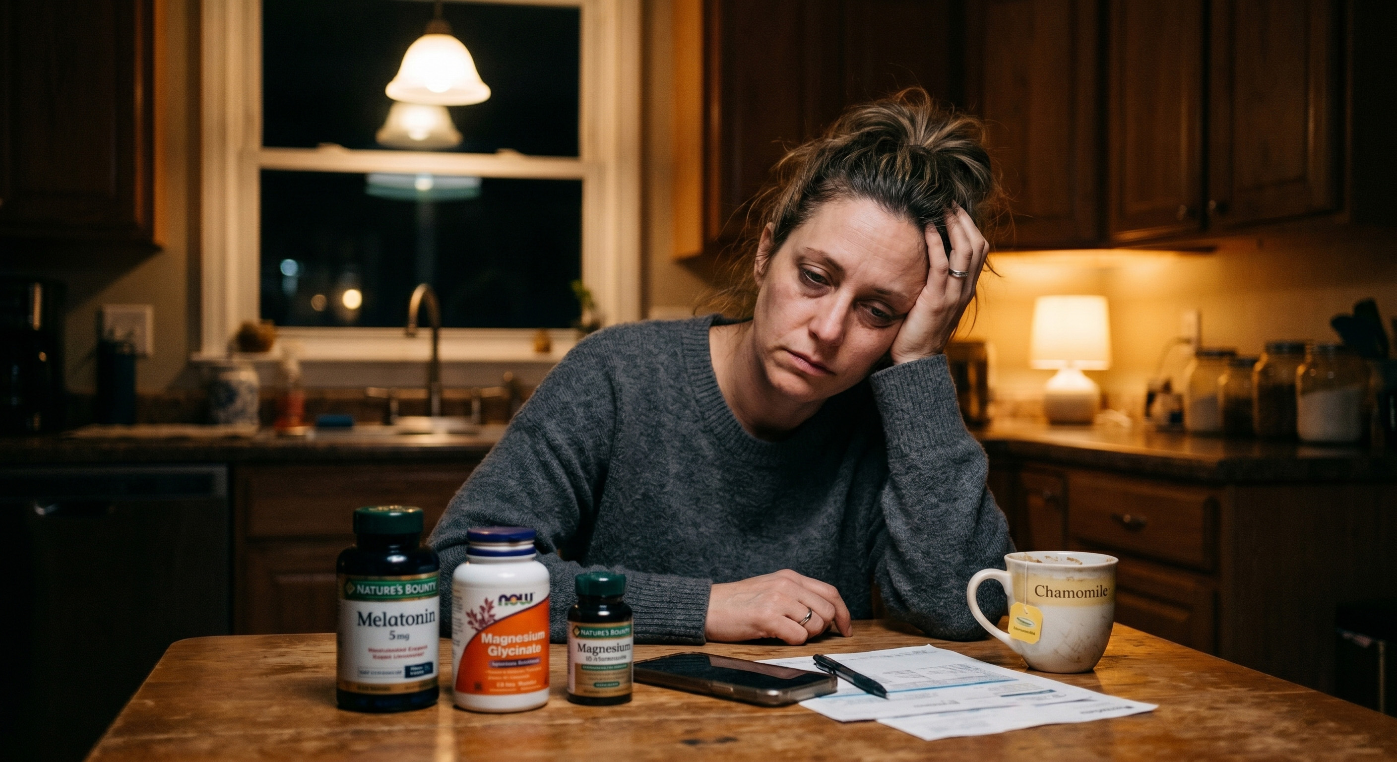 Whitlock sits at her kitchen table before dawn with bottles of melatonin and magnesium, a cup of chamomile tea and paperwork in front of her